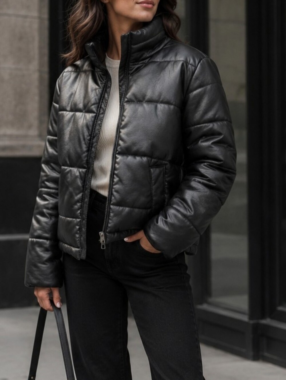 Avec Les Filles Black Faux Leather Puffer Jacket S Petite Moto Chic Coat
